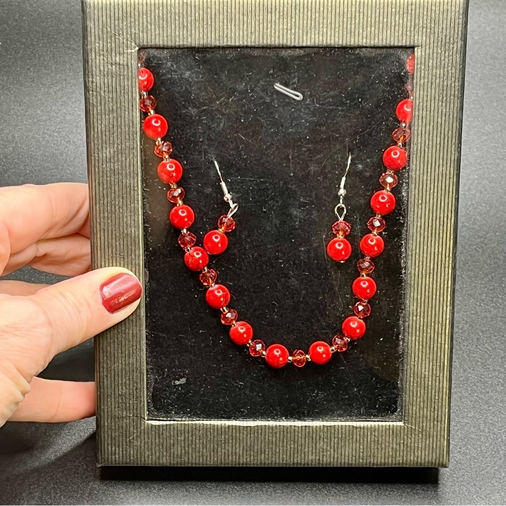 Red Beaded Necklace and Earring Set, Glass Faceted Crystals, 16 in Adjustable